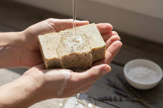 Handmade tallow soap for sensitive skin being used to create rich lather in Hamilton, Ohio.